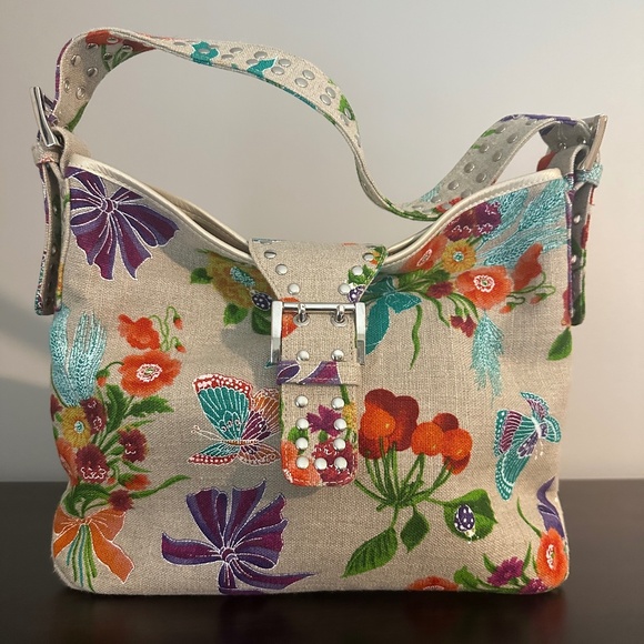 Stuart Weitzman Canvas Floral Fruit Butterfly Hobo Bag Silver Grommets - Picture 1 of 14
